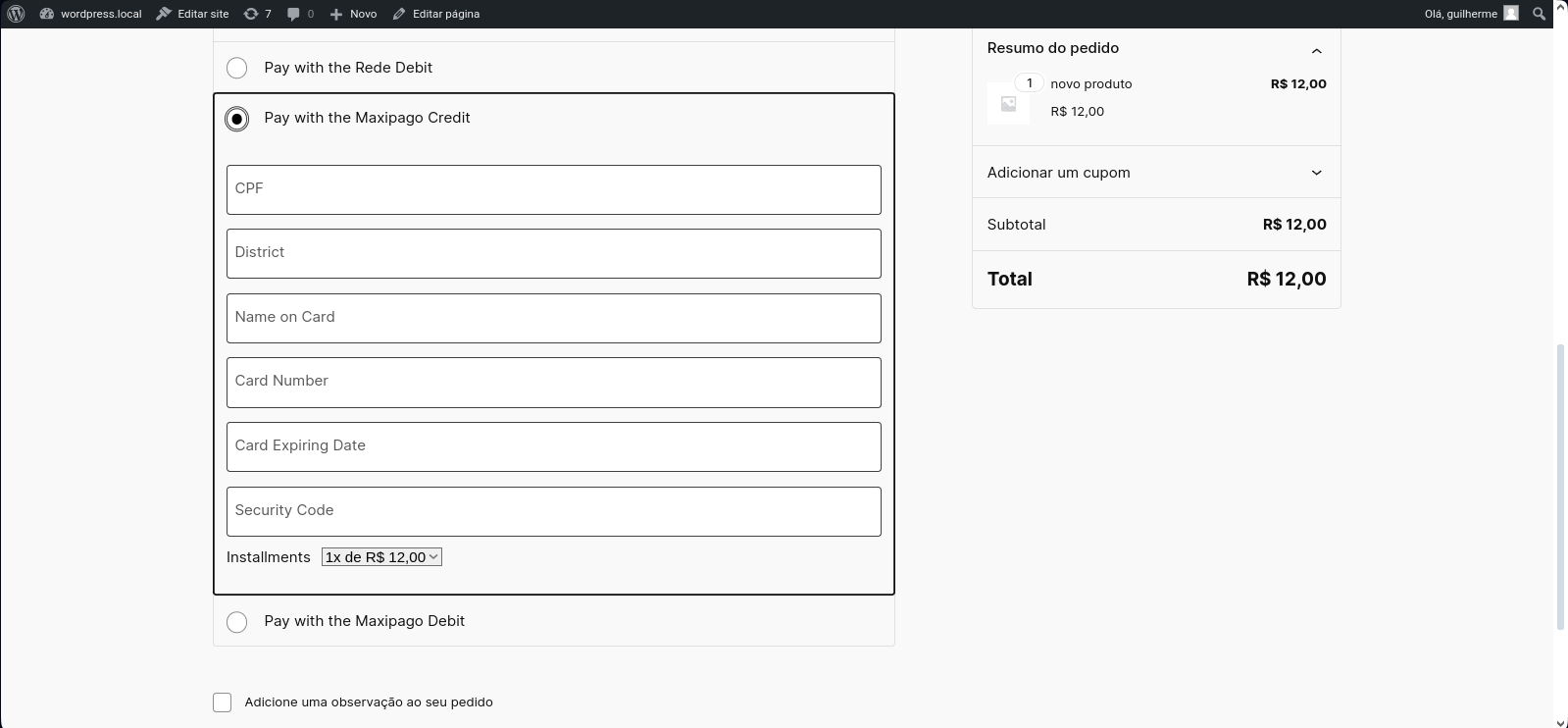 Maxipago Credit front inputs page.