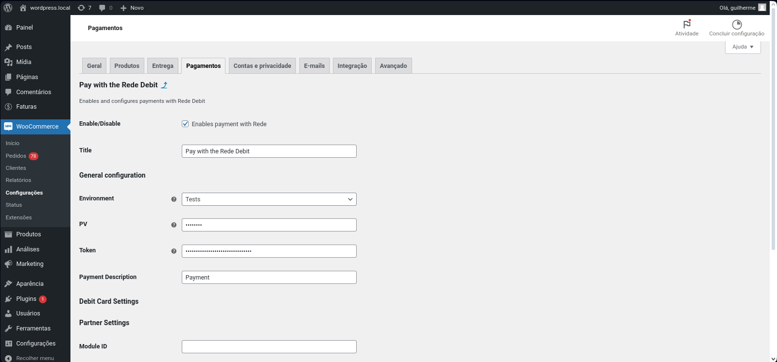 Página de configurações Rede Débito.