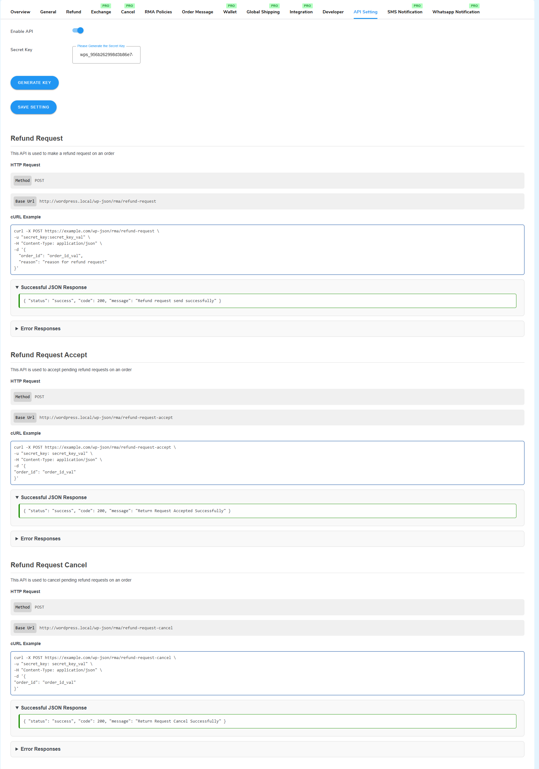 API Settings.