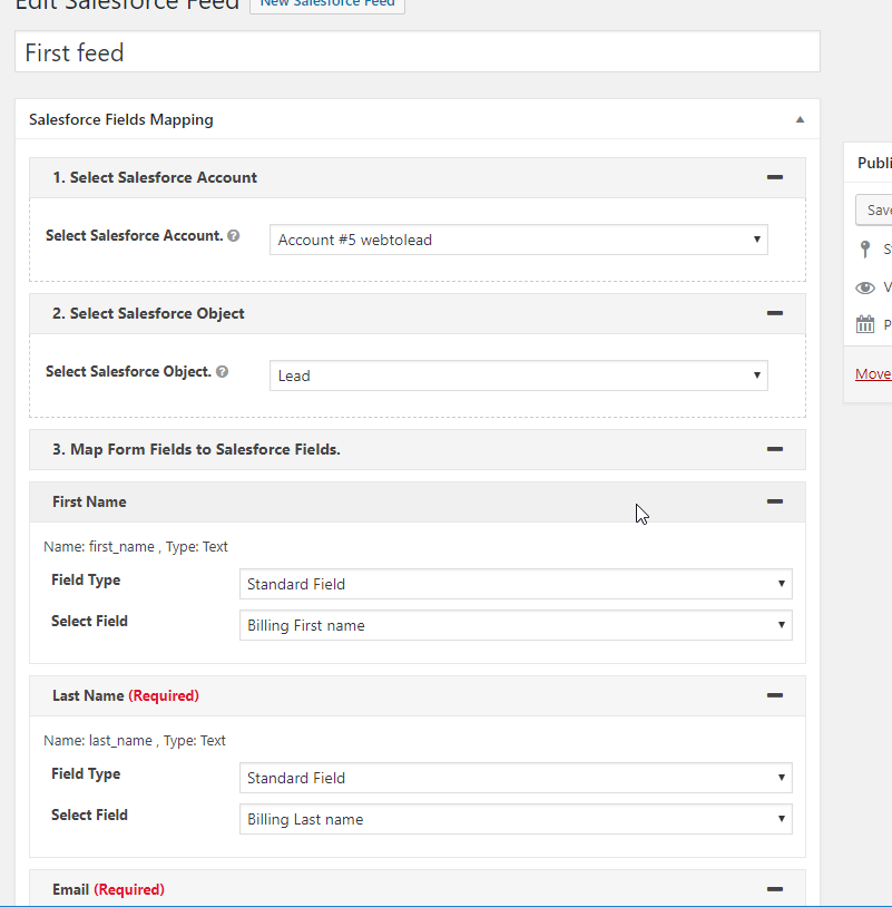 Map Salesforce Fields to WooCommerce fields.