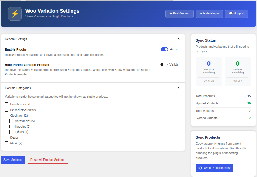 Variations displayed as individual products on the WooCommerce shop page.