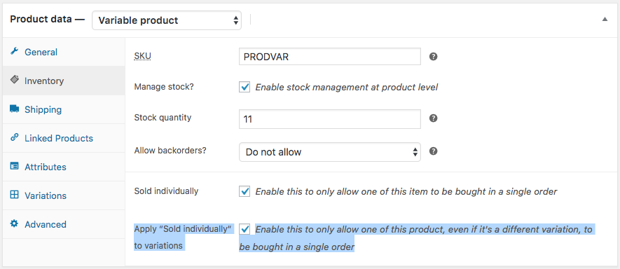 WooCommerce Sold Individually for Variations