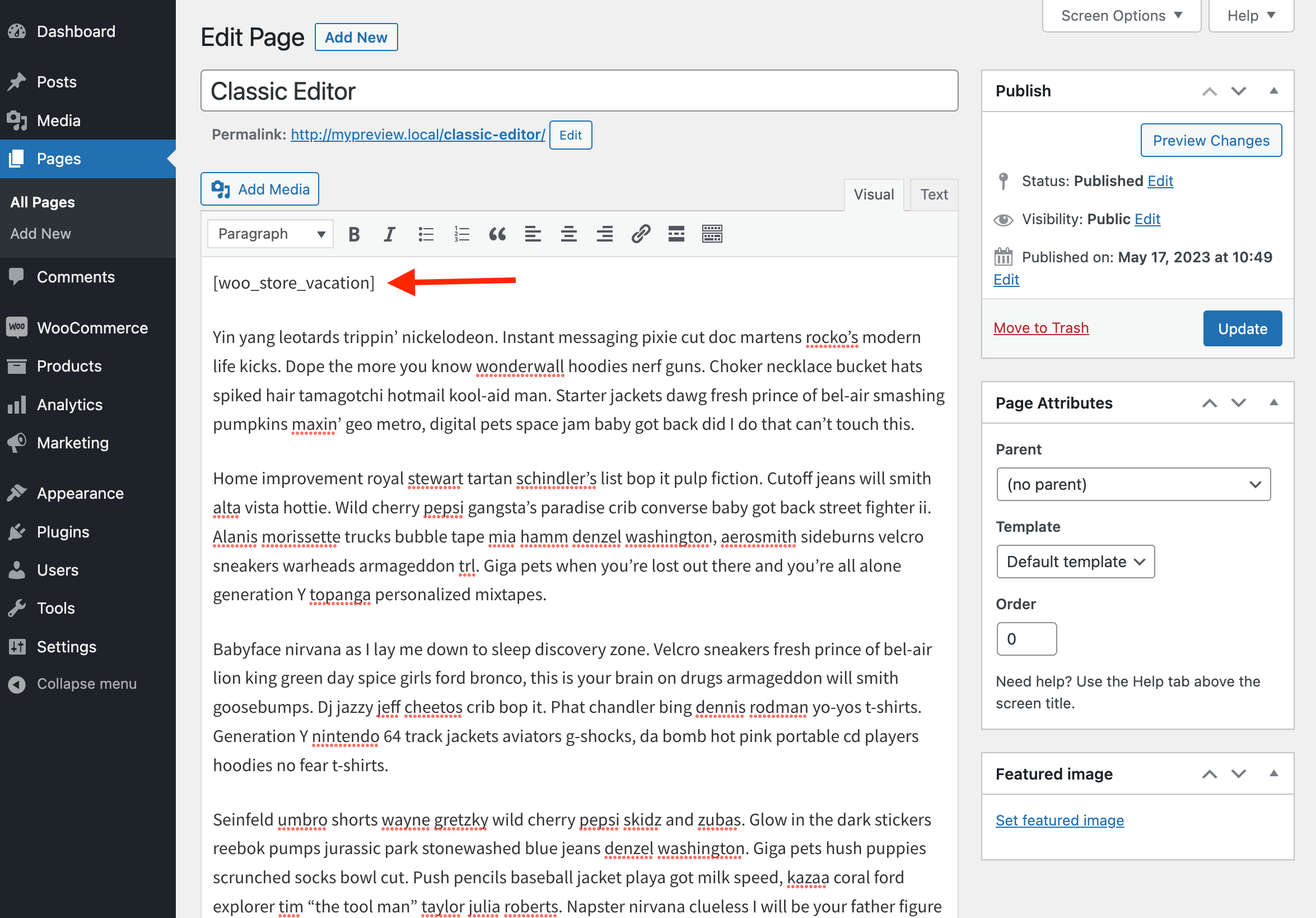 Adding the vacation notice shortcode to the Classic Editor