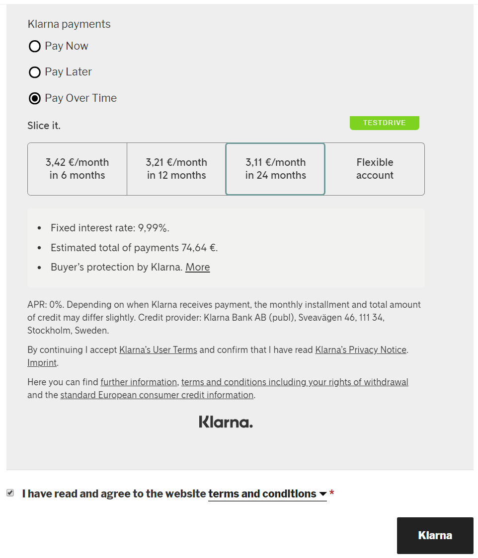 Klarna on checkout page