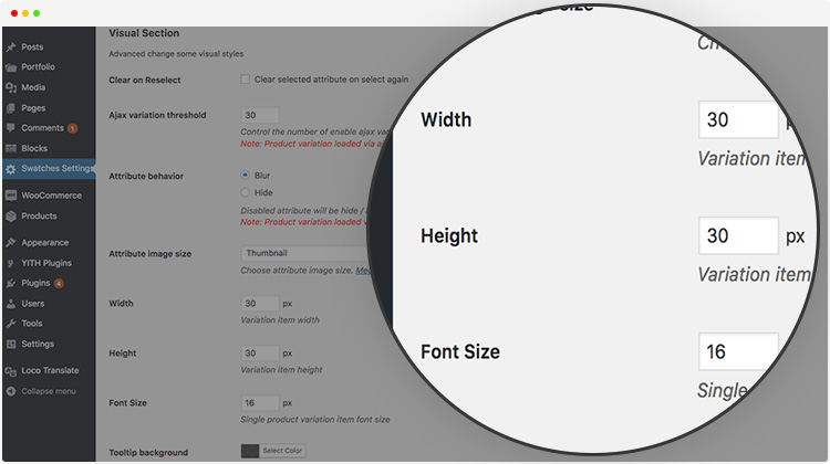 Variation Swatches Size and Font Setting