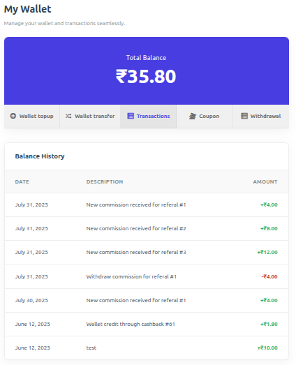 User wallet dashboard page.