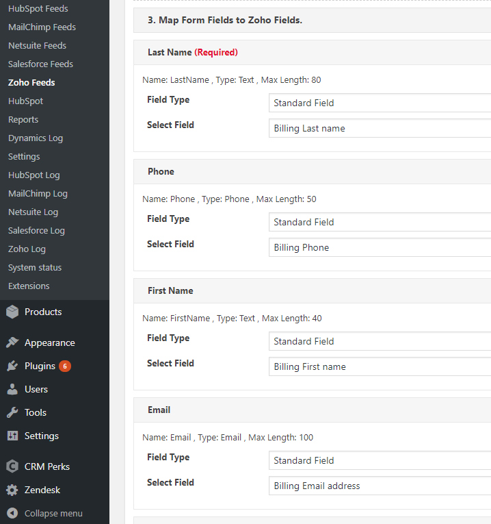 Map Zoho Fields to WooCommerce Order fields.