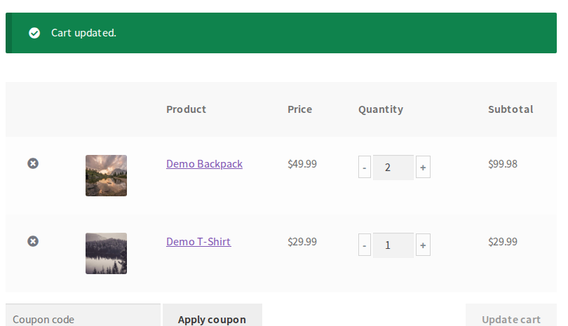 The cart page: a click on "+" or "-" updates the totals with AJAX, without clicking "Update cart".