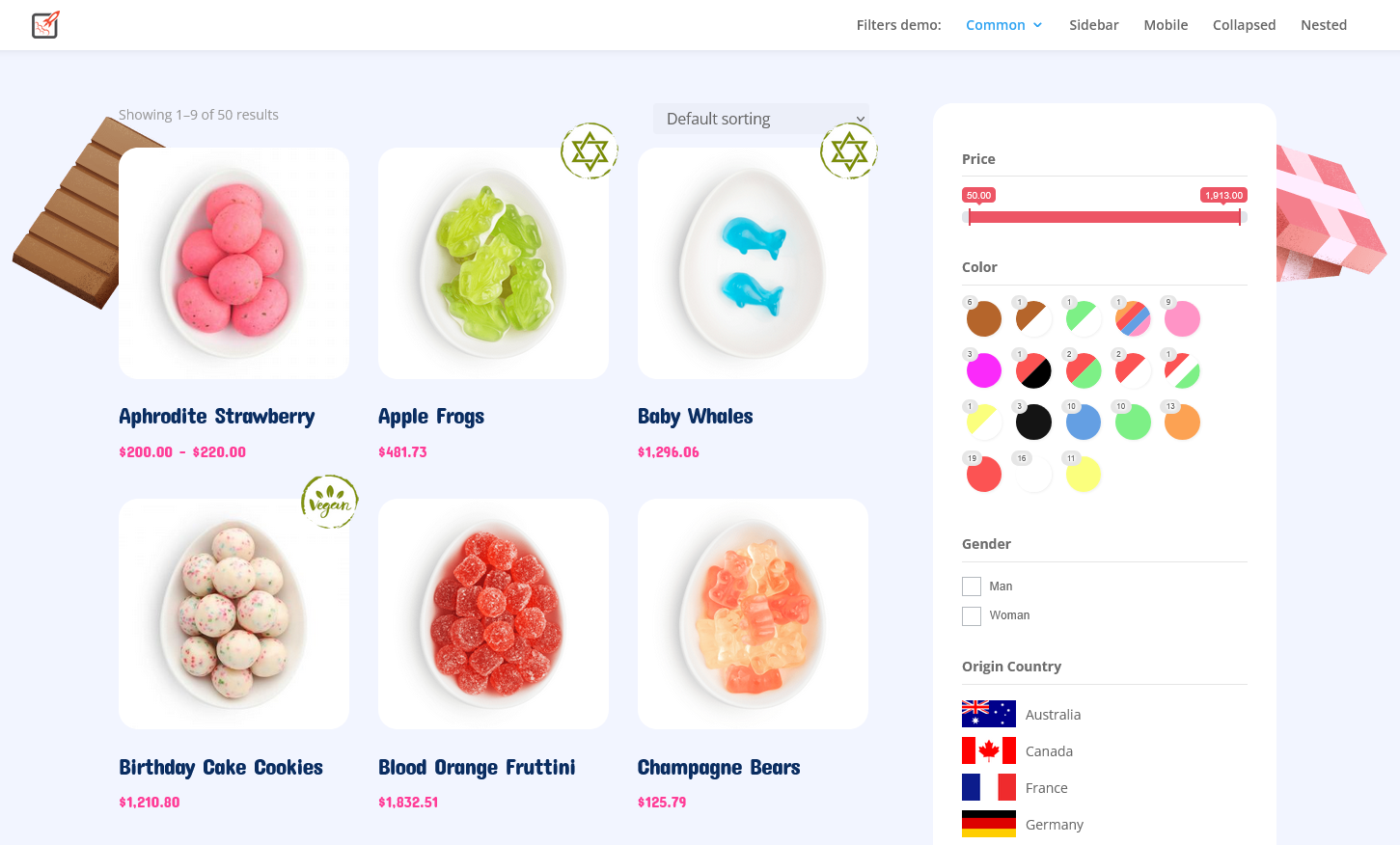 Example of AJAX filtering on a shop page.