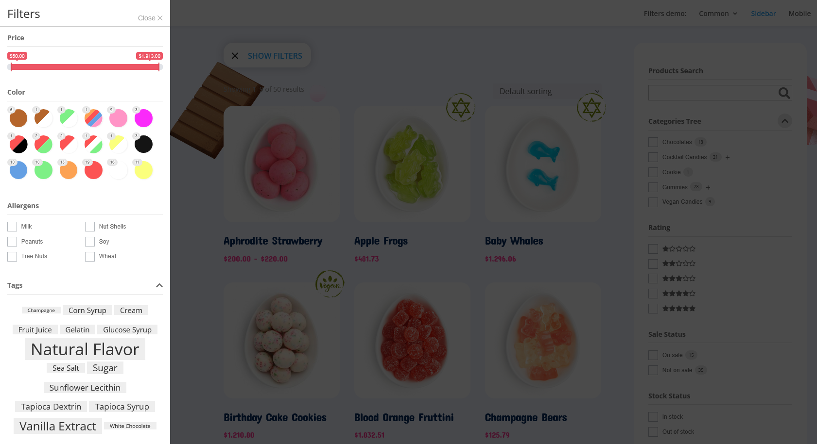 Custom sidebar with filters.