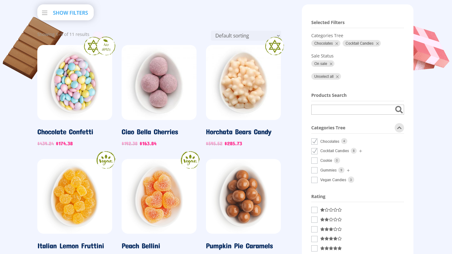 Selected filters area showing active selections.
