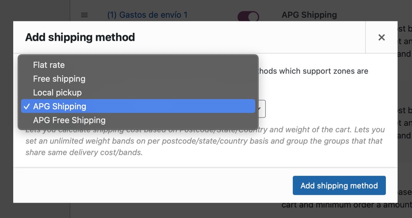 Screenshot of WC - APG Weight Shipping. Shipping Options Tab.