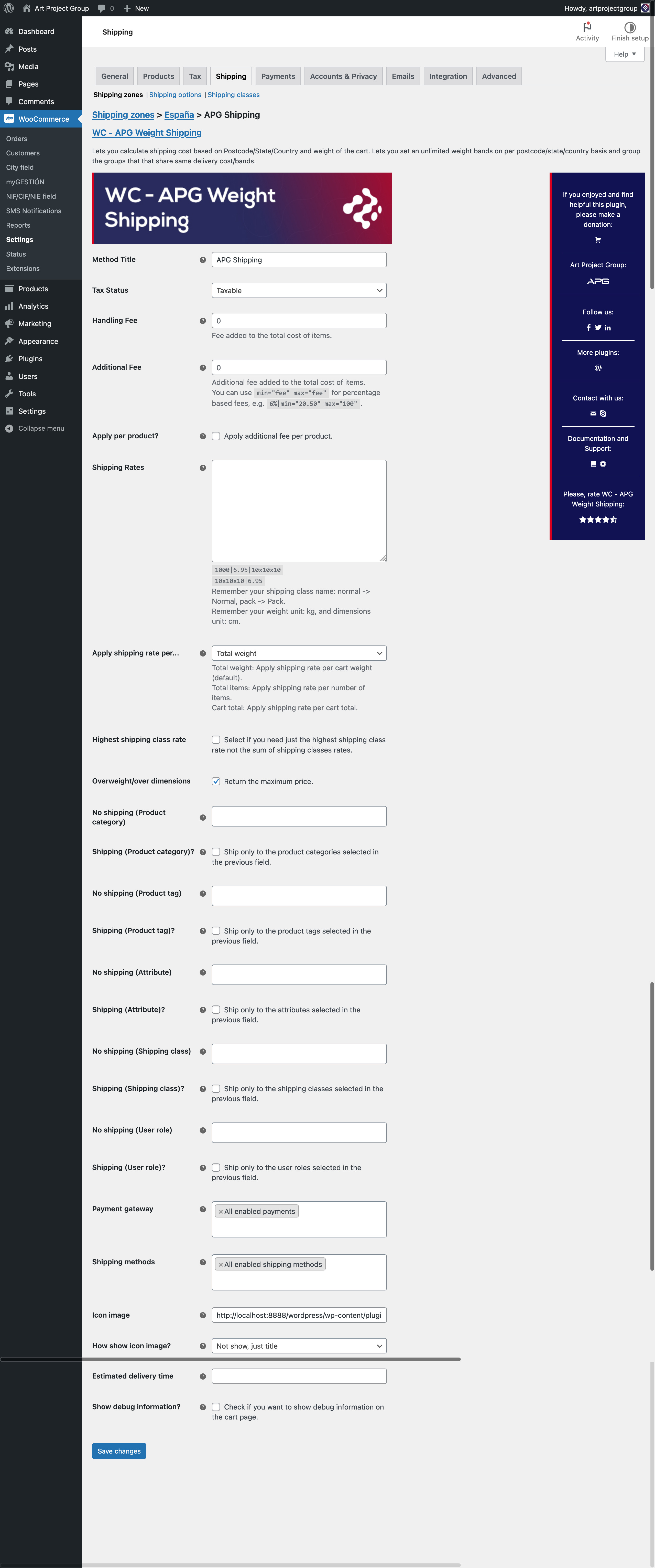 Screenshot of WC - APG Weight Shipping. APG Shipping Tab.