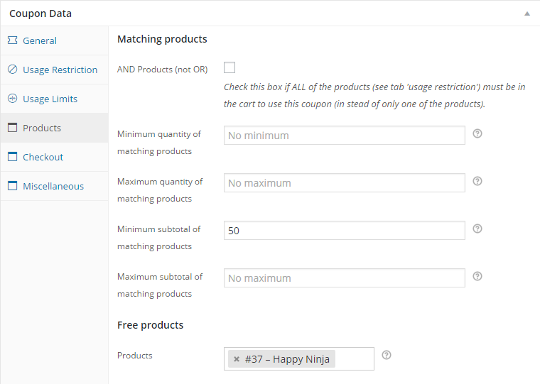 Extra restrictions. E.g. Quantity or subtotal of matching products.