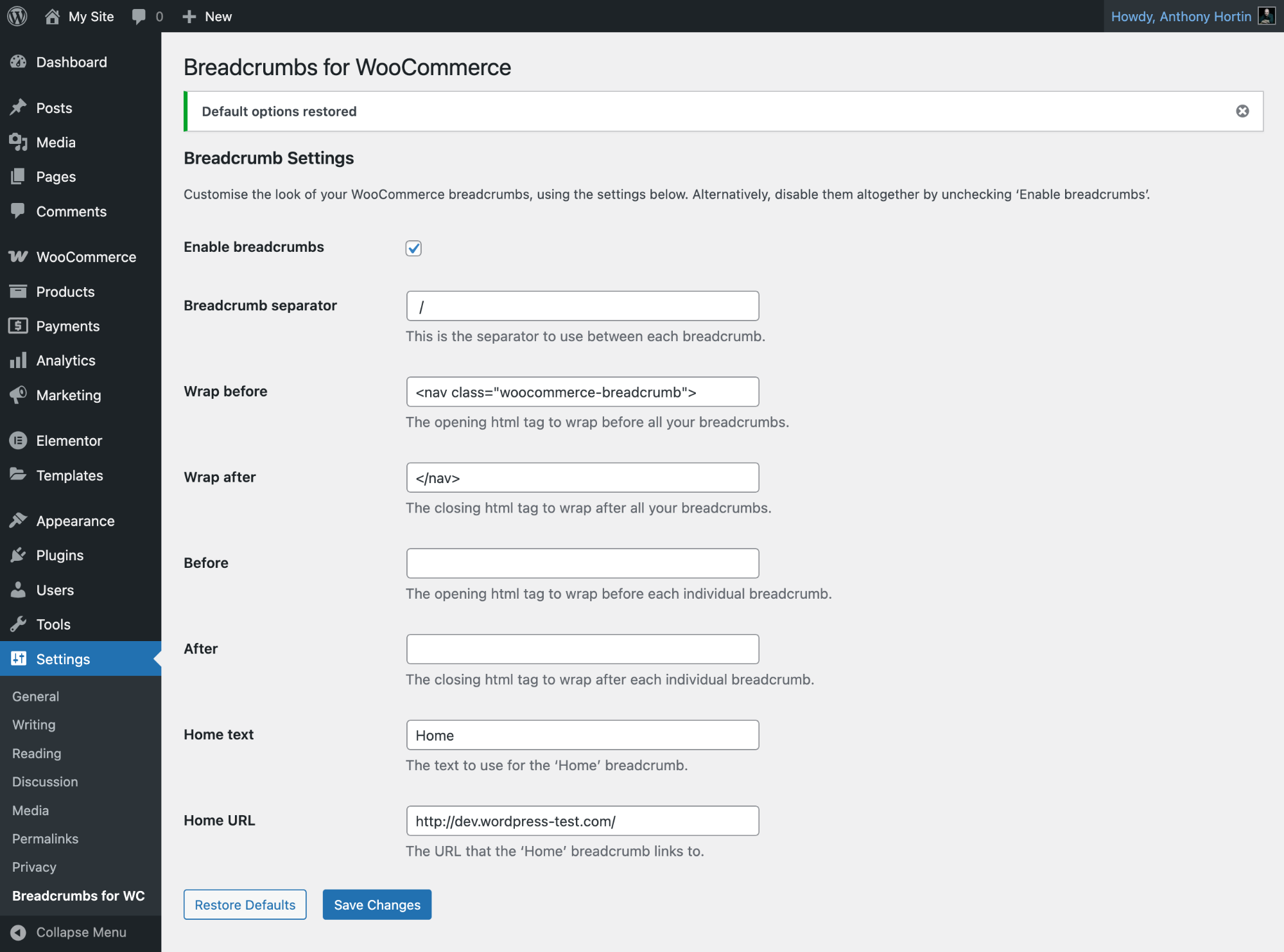 Breadcrumbs for WooCommerce default settings