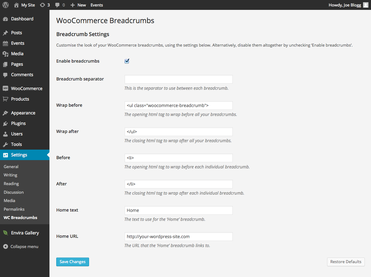 WooCommerce Breadcrumb settings