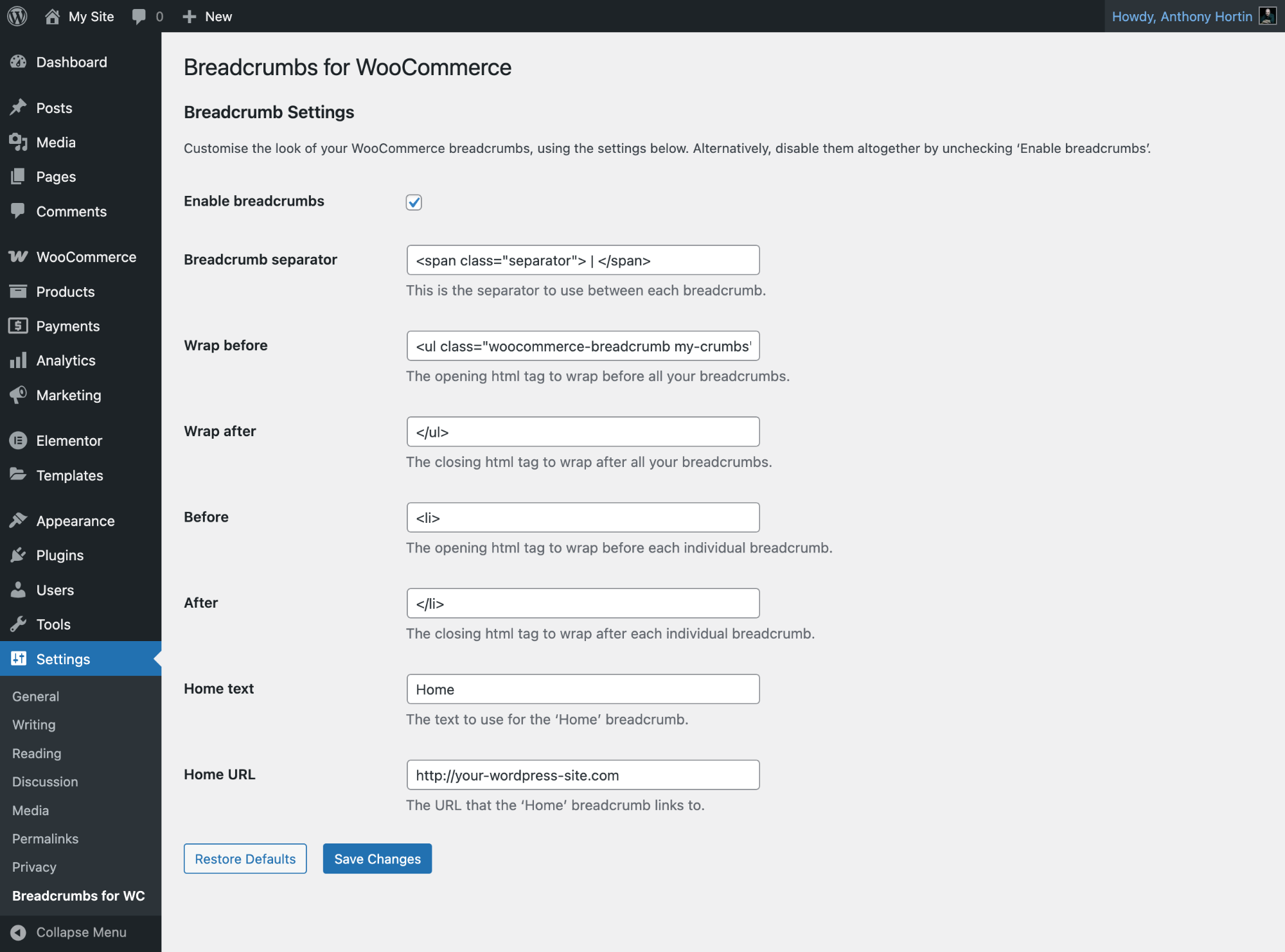 Breadcrumbs for WooCommerce settings