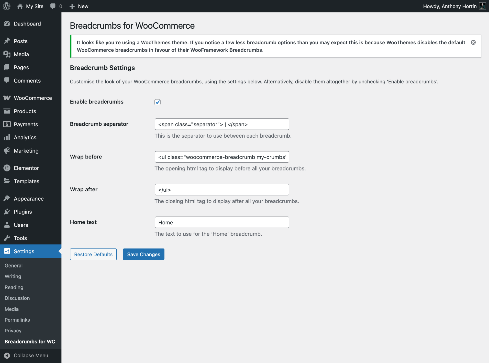 Breadcrumbs for WooCommerce settings for WooTheme Themes