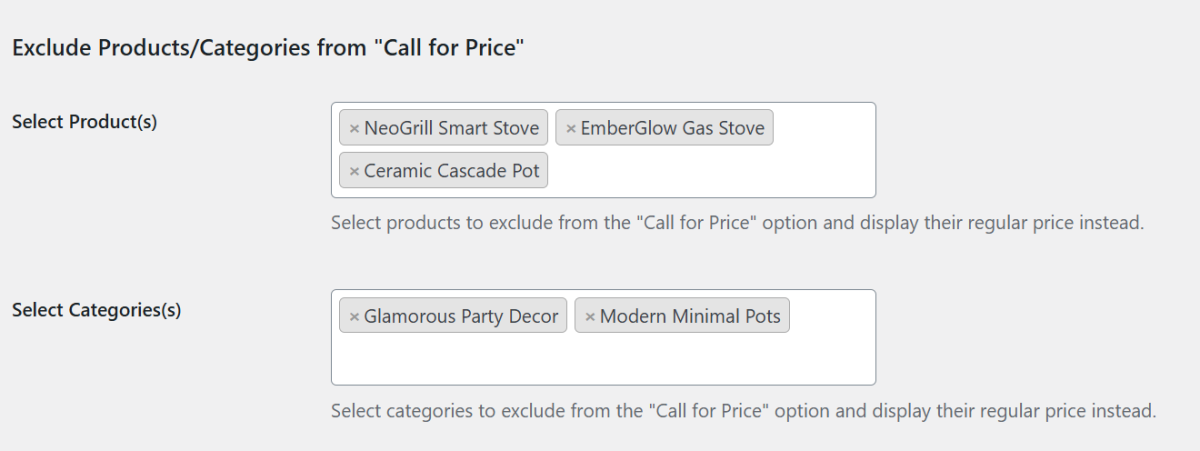 Exclude products or categories from Call for Price.