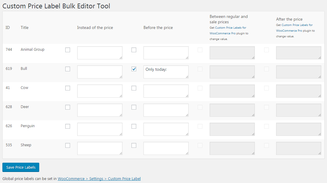 Custom Price Labels for WooCommerce - Per Product Labels - Custom Price Label Bulk Editor Tool.