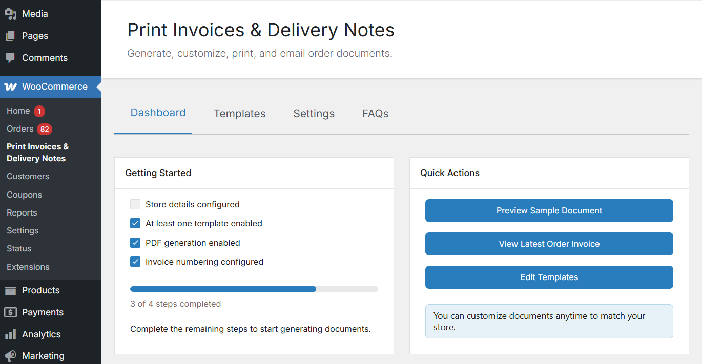 Dashboard – setup checklist and quick actions