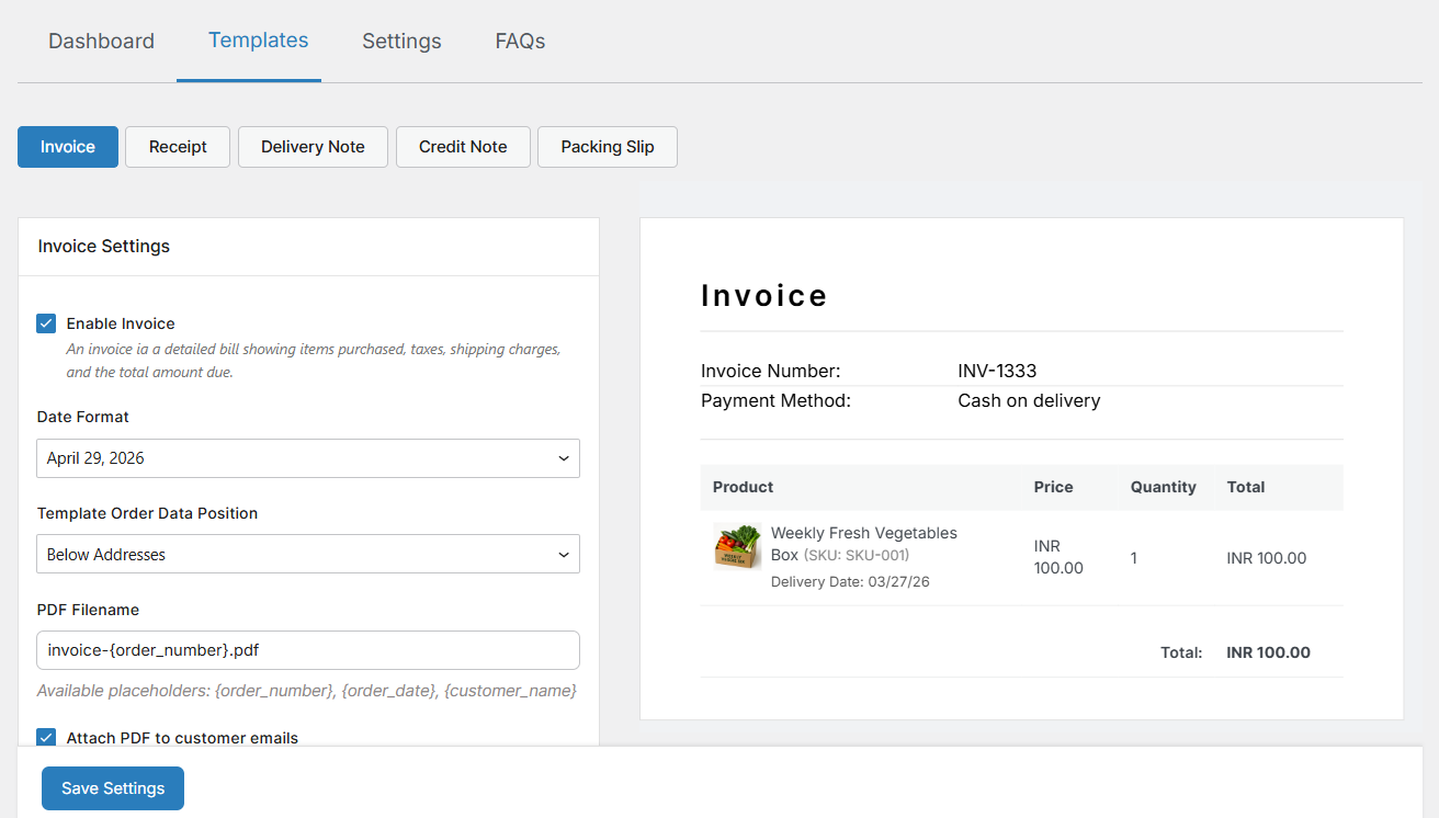 Invoice Numbering – sequential numbering with format placeholders and yearly reset