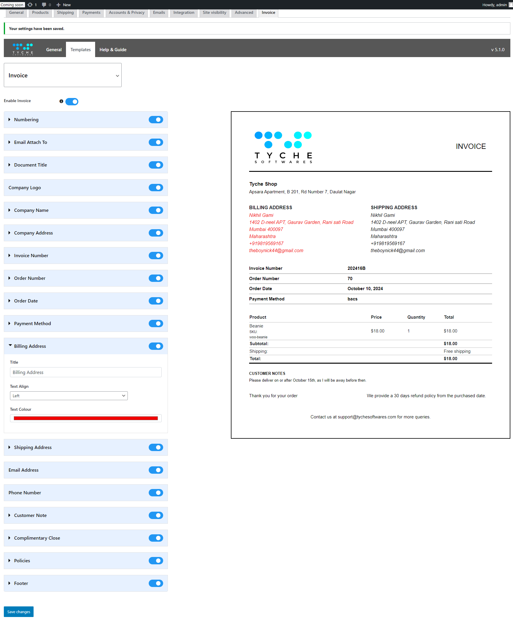 Live preview for Invoice, Receipt, and Delivery notes.