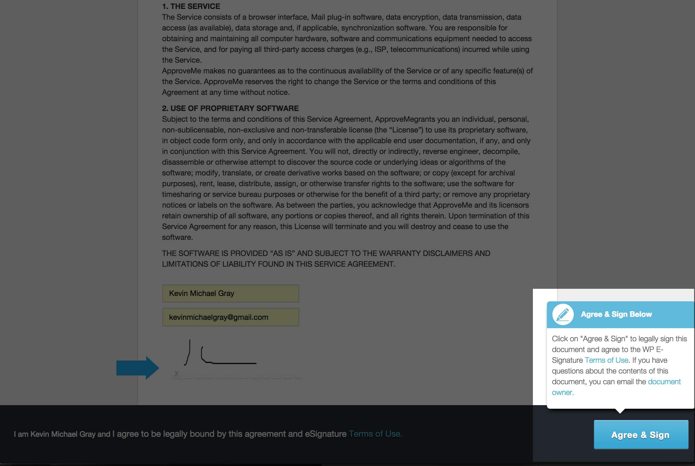 <strong>Agree & eSign:</strong> Users Agree & eSign their signature to the document.