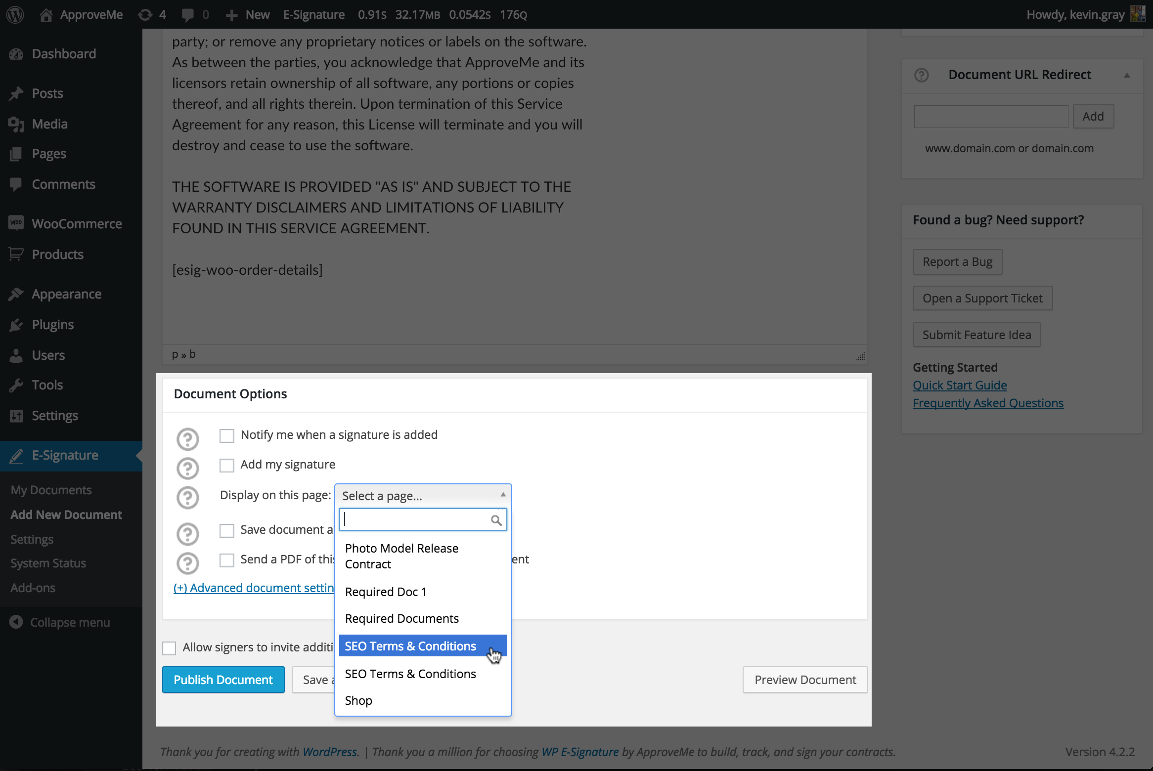 <strong>Select WordPress Page:</strong> After you’ve entered your contract terms, simply scroll to the bottom of the document and select the WordPress page that WooCommerce users will be directed to in order to sign your Stand Alone Document (before completing their checkout).