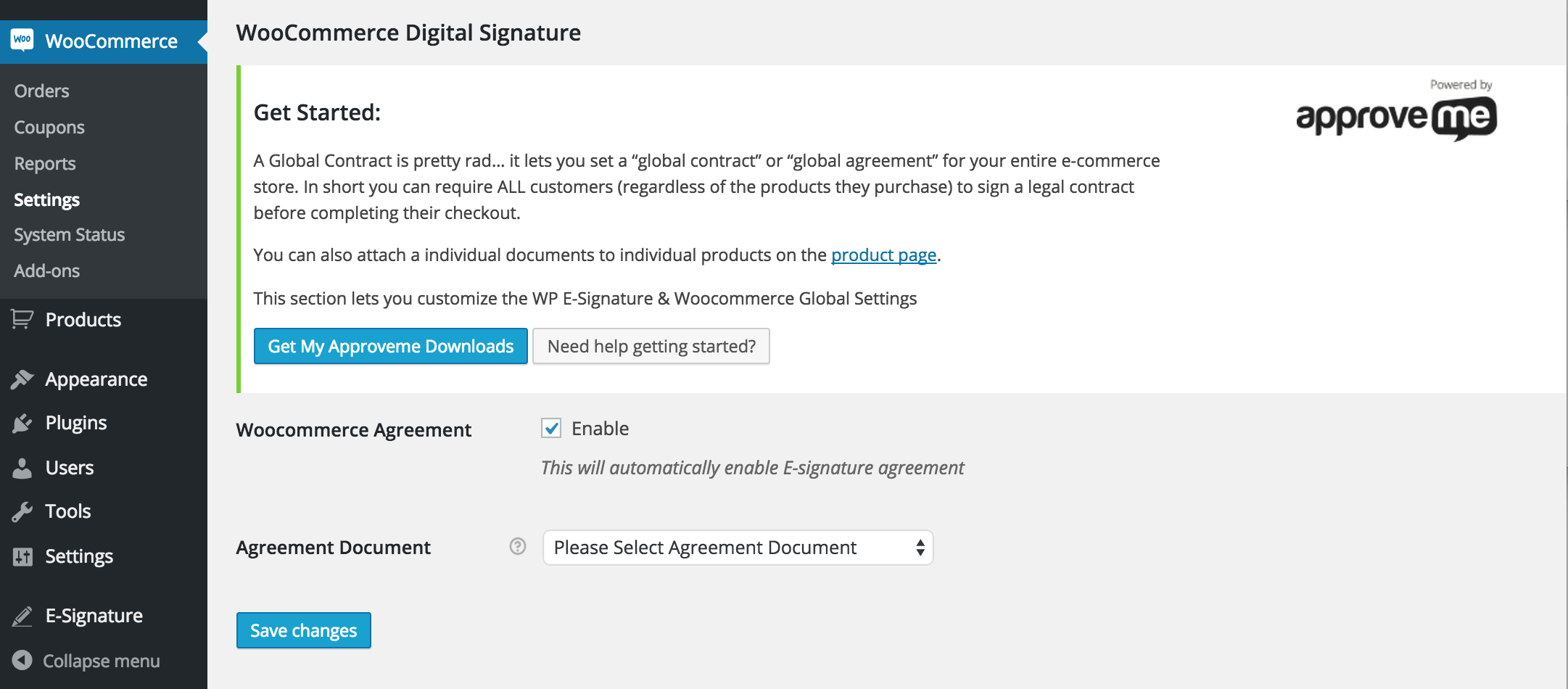 <strong>Define Global Settings (optional):</strong> From the WooCommerce Checkout Settings menu you can define a “Global Agreement” that ALL customers MUST sign in order to complete their checkout.