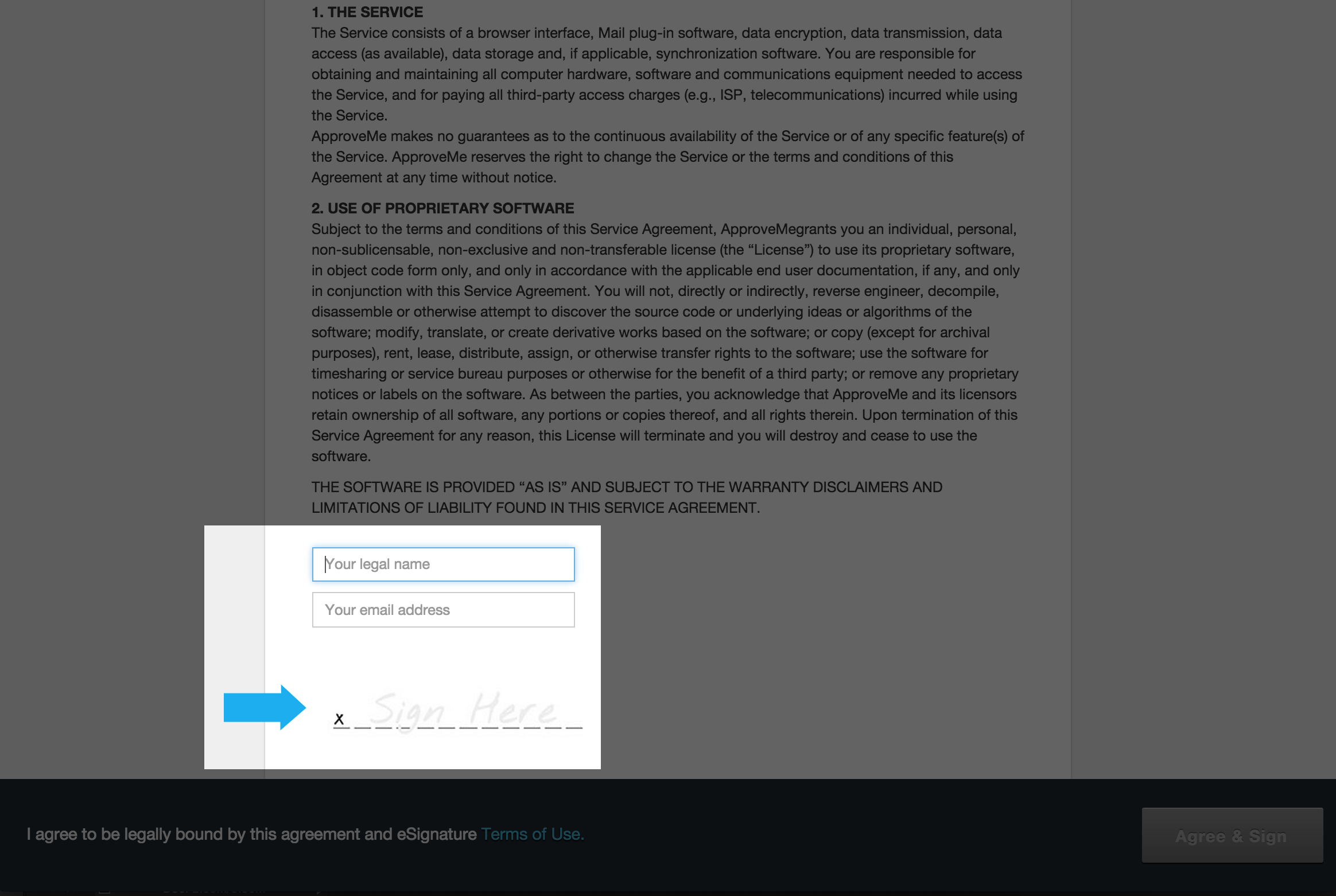 <strong>Enter Signer Details:</strong> Your WooCommerce customers will enter their legal name and email address and then activate the digital signature box.