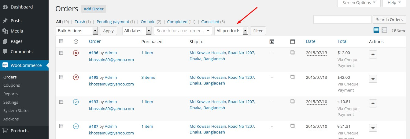 From admin panel, Click on "WooCommerce>Orders" to visit the Orders screen. There you'll see a new dropdown filter.