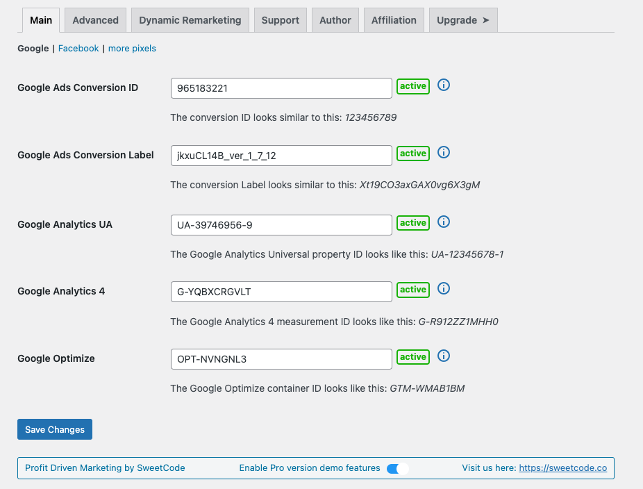 Settings page