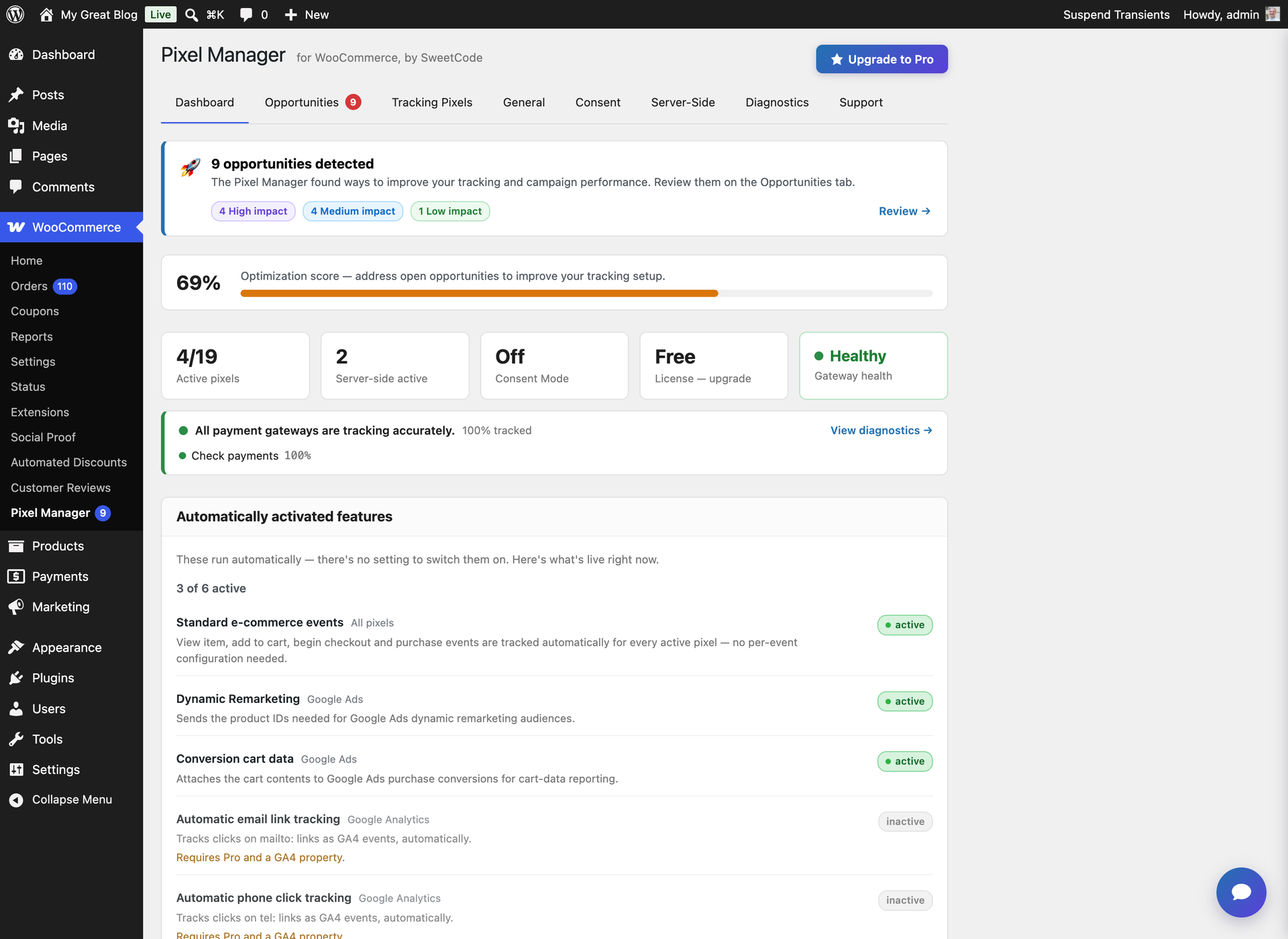 Dashboard – an at-a-glance overview of your tracking health, optimization score, and active pixels