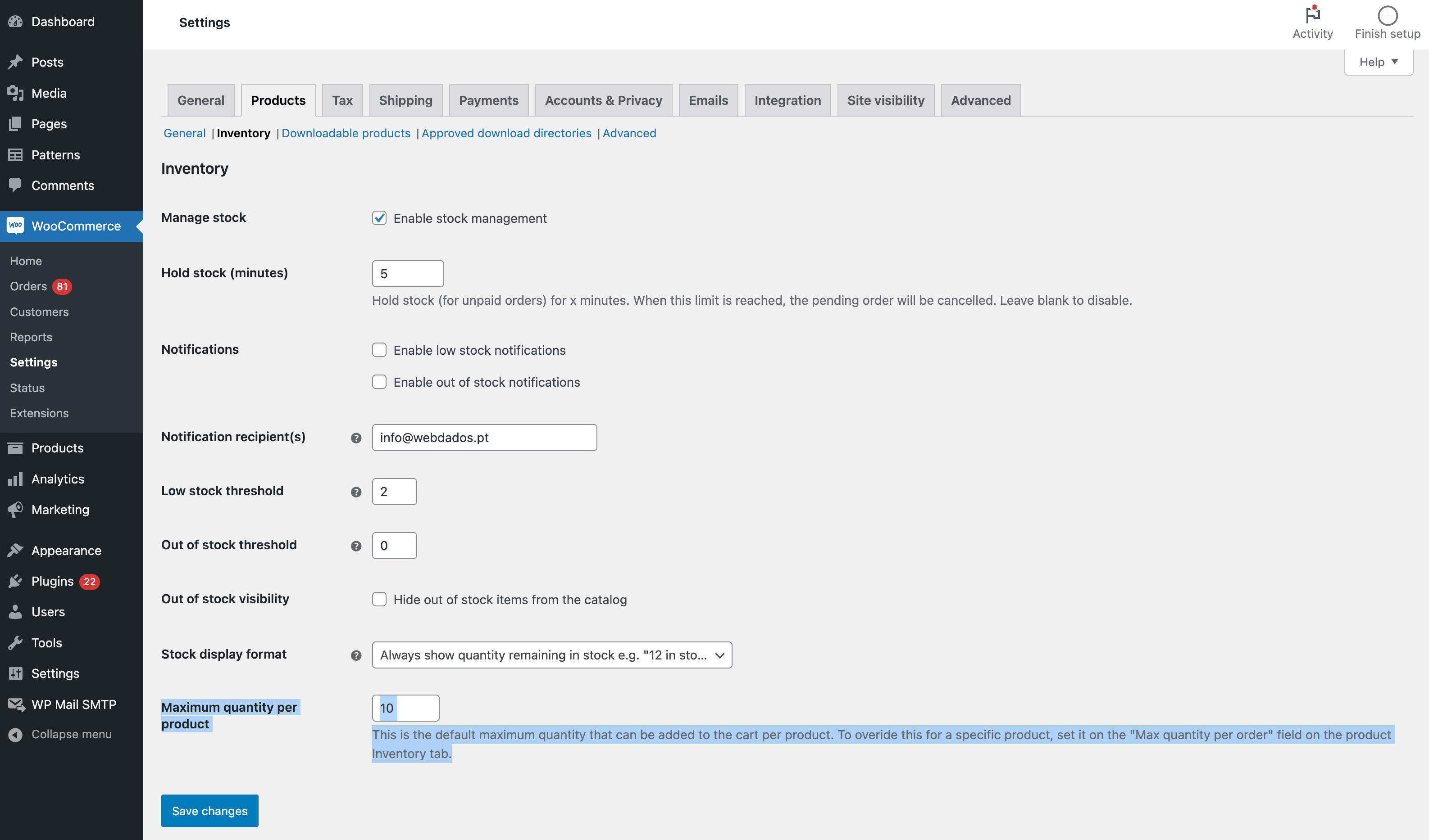 <p>The global setting: It is labeled “Maximum quantity per product” and is found at WooCommerce, Settings, Products tab, Inventory link.</p>