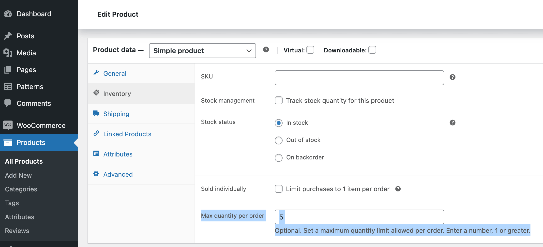 <p>The individual product’s setting: It is labeled “Max quantity per order” and is found on the individual product edit screen, in the Product Data box, on the Inventory tab.</p>