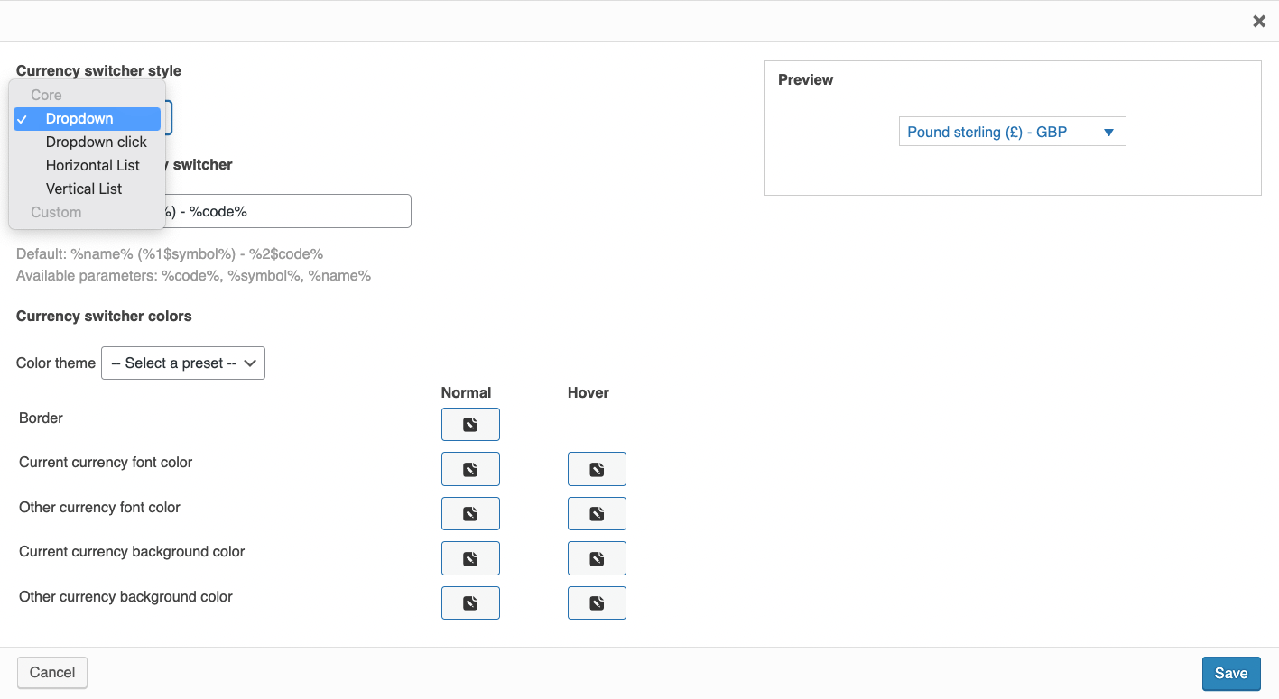 Currency switcher options