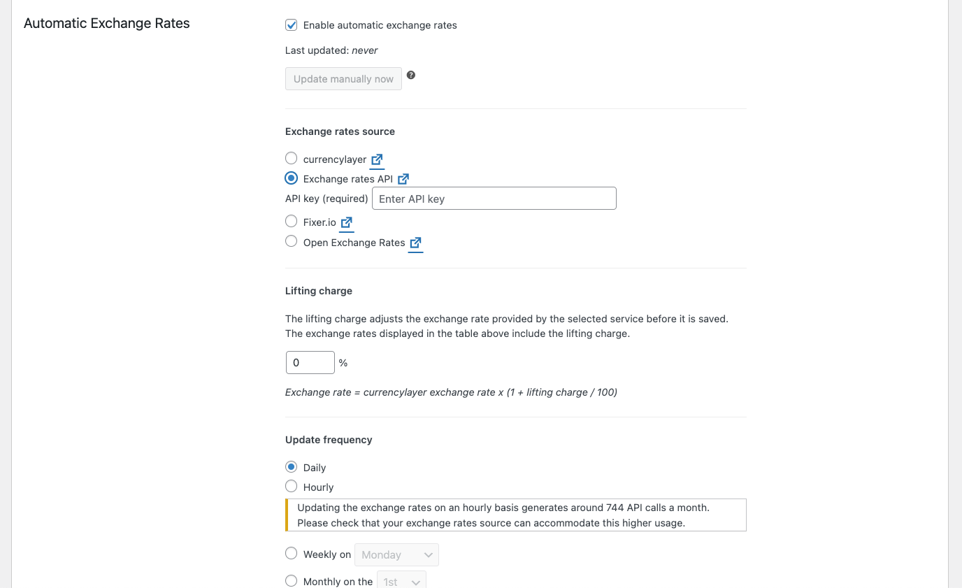 Setting automatic exchange rates