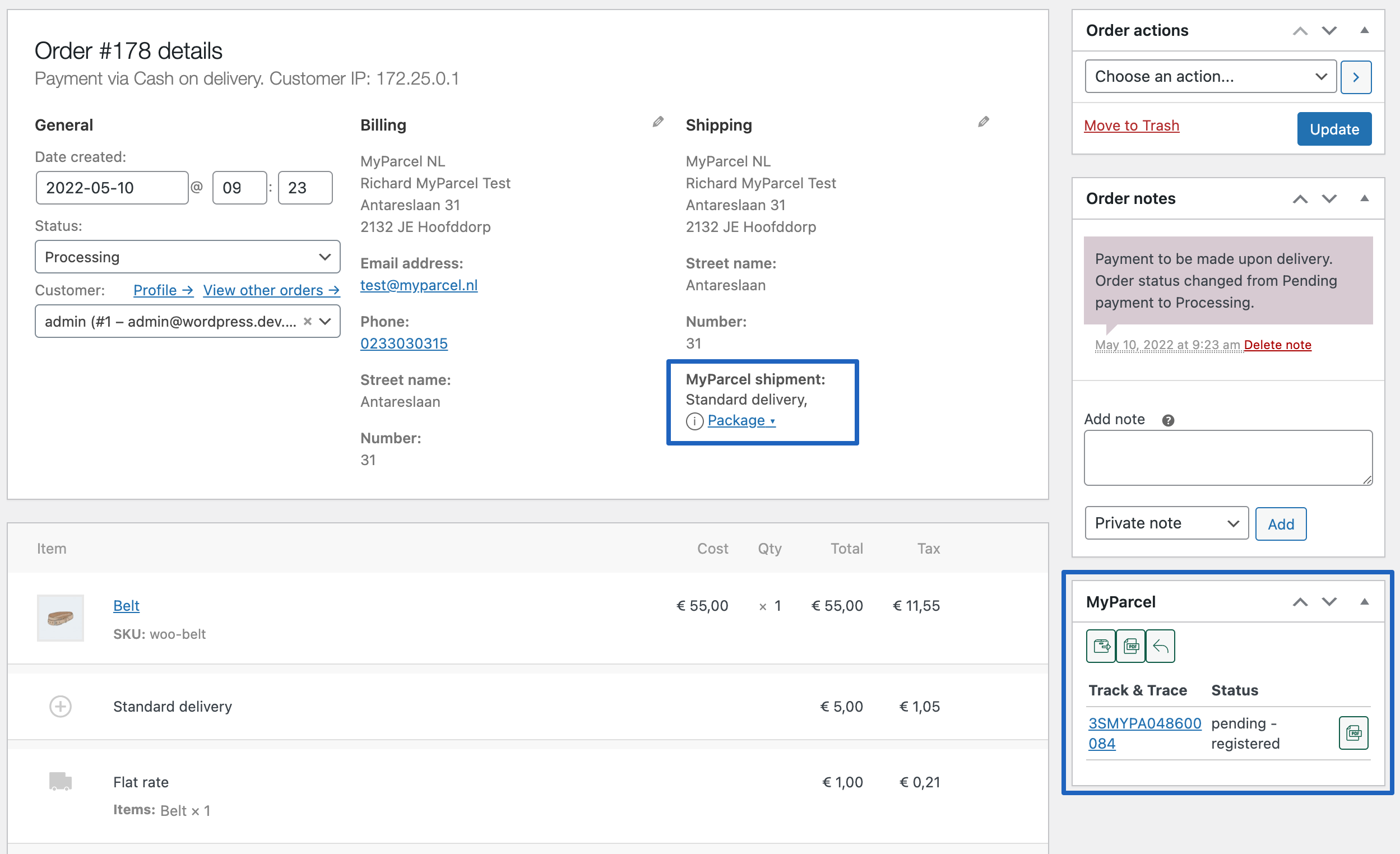 MyParcel information on the order details page