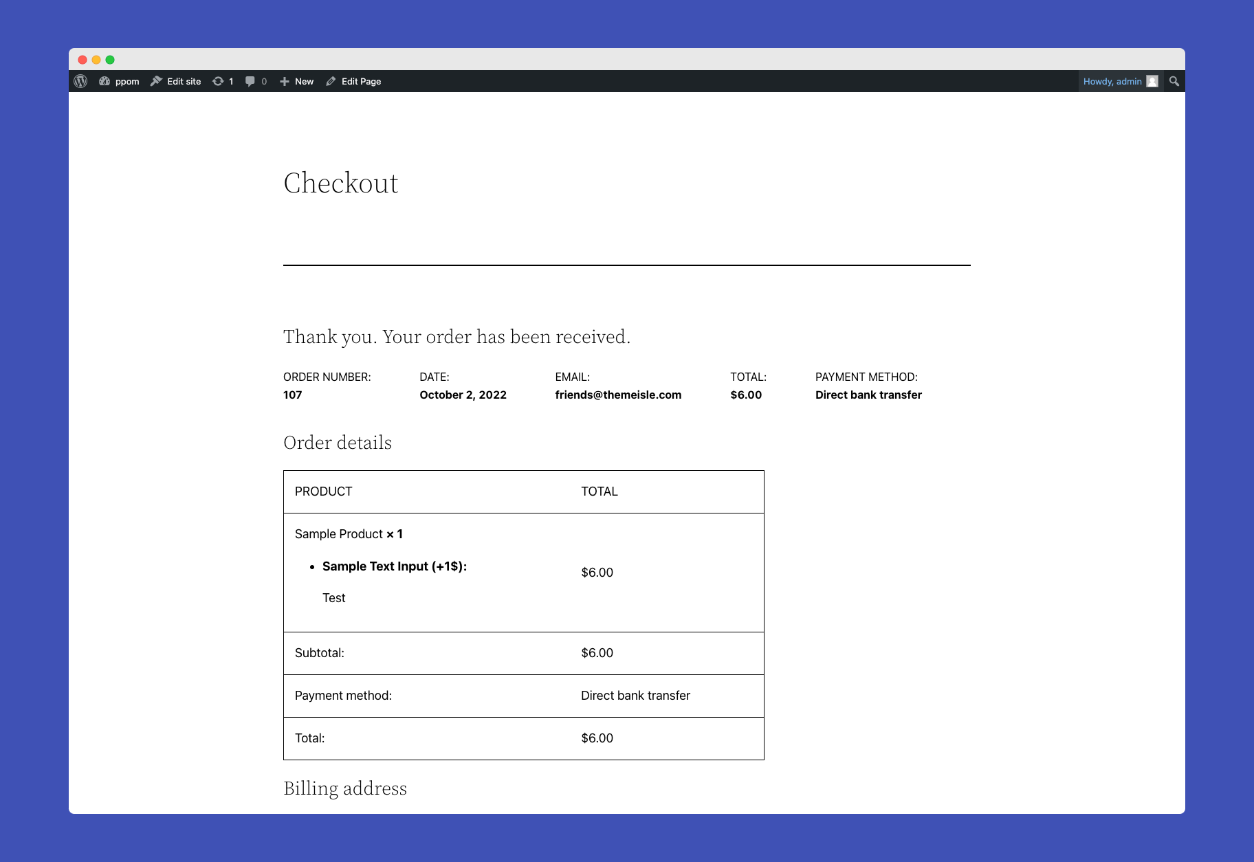 Inputs attached to the checkout page