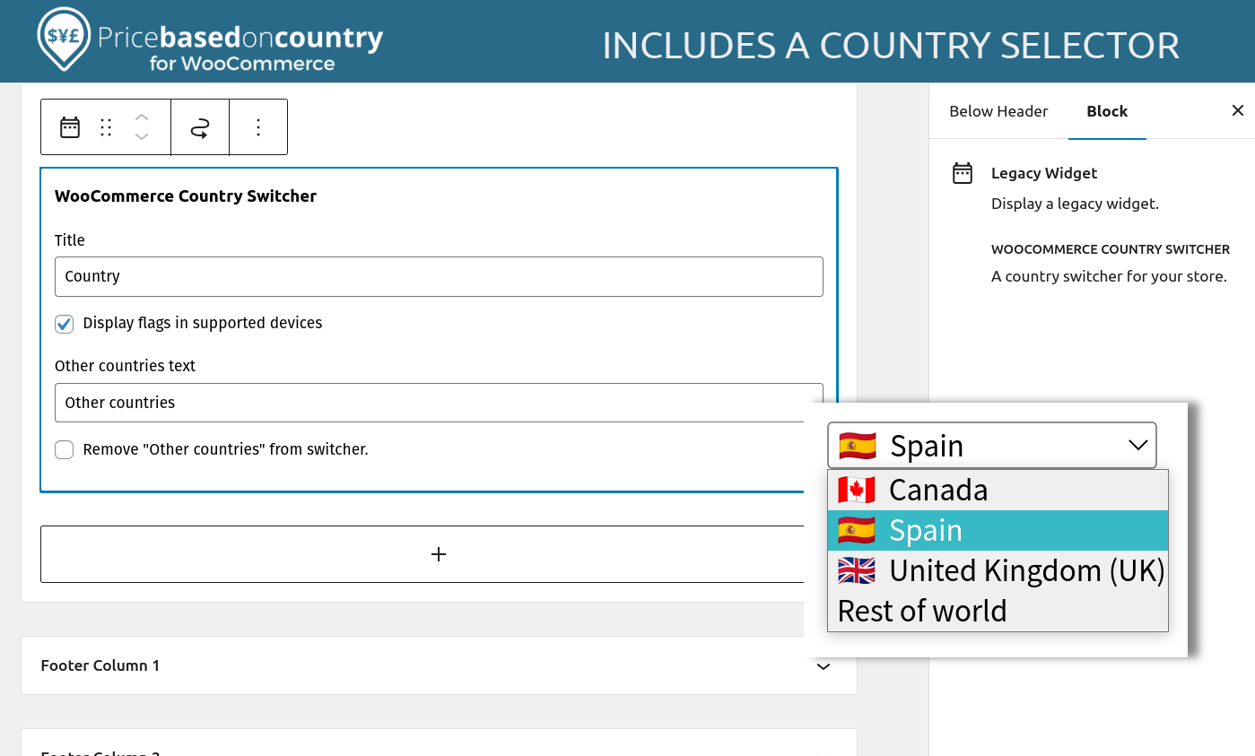 Includes a country selector widget.