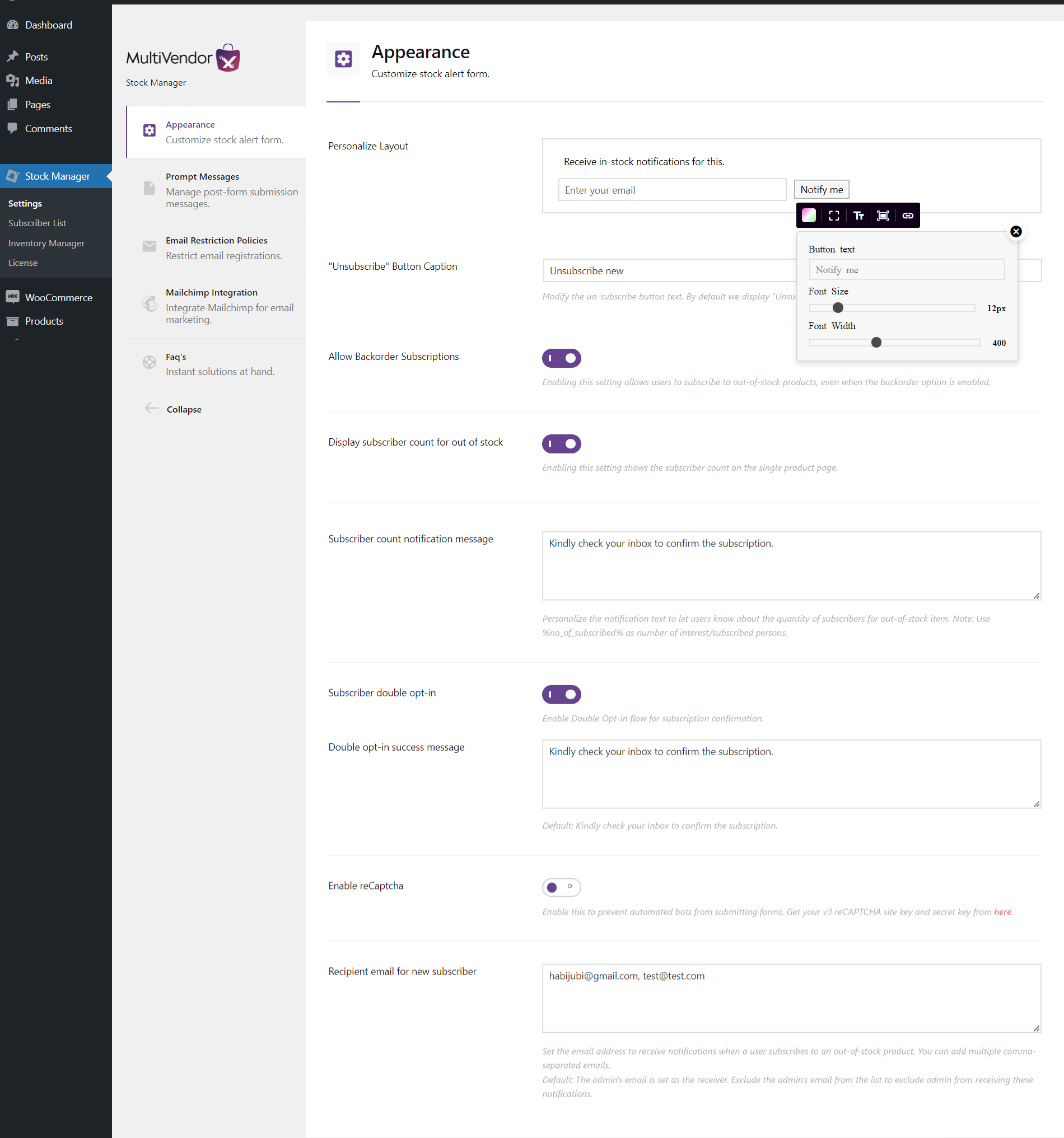 Stock alert plugin settings panel