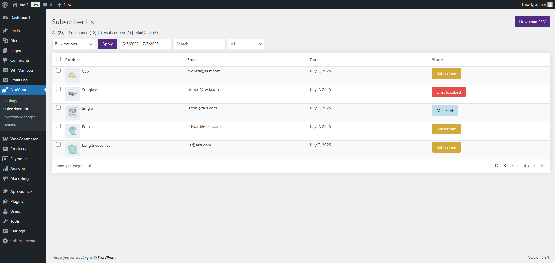 Stock alert plugin subscriber list