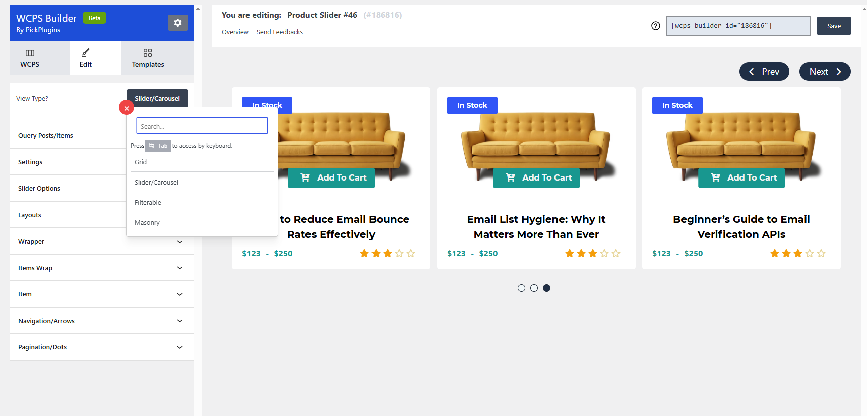 Product Slider, Product Grid, Product Masonry