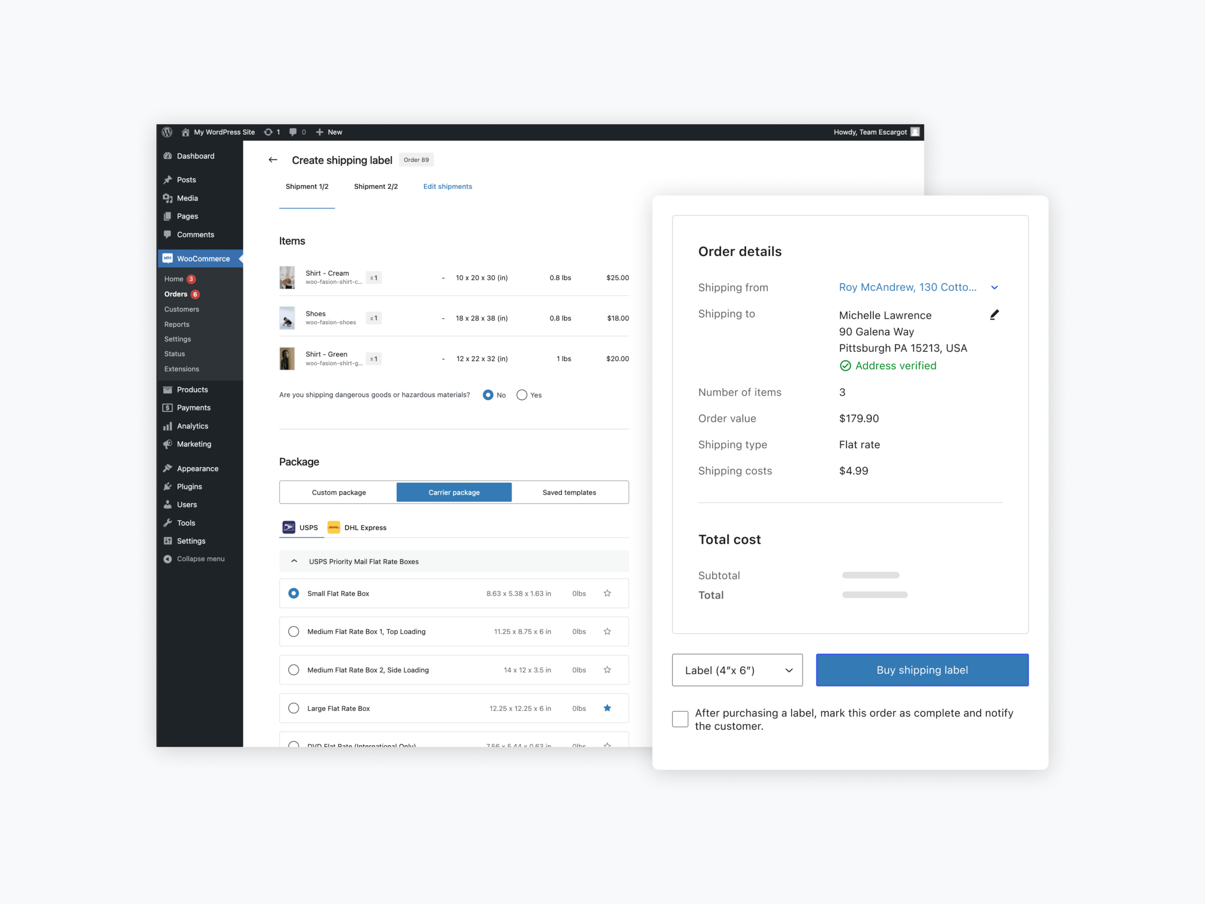 WooCommerce Shipping label purchase screen.