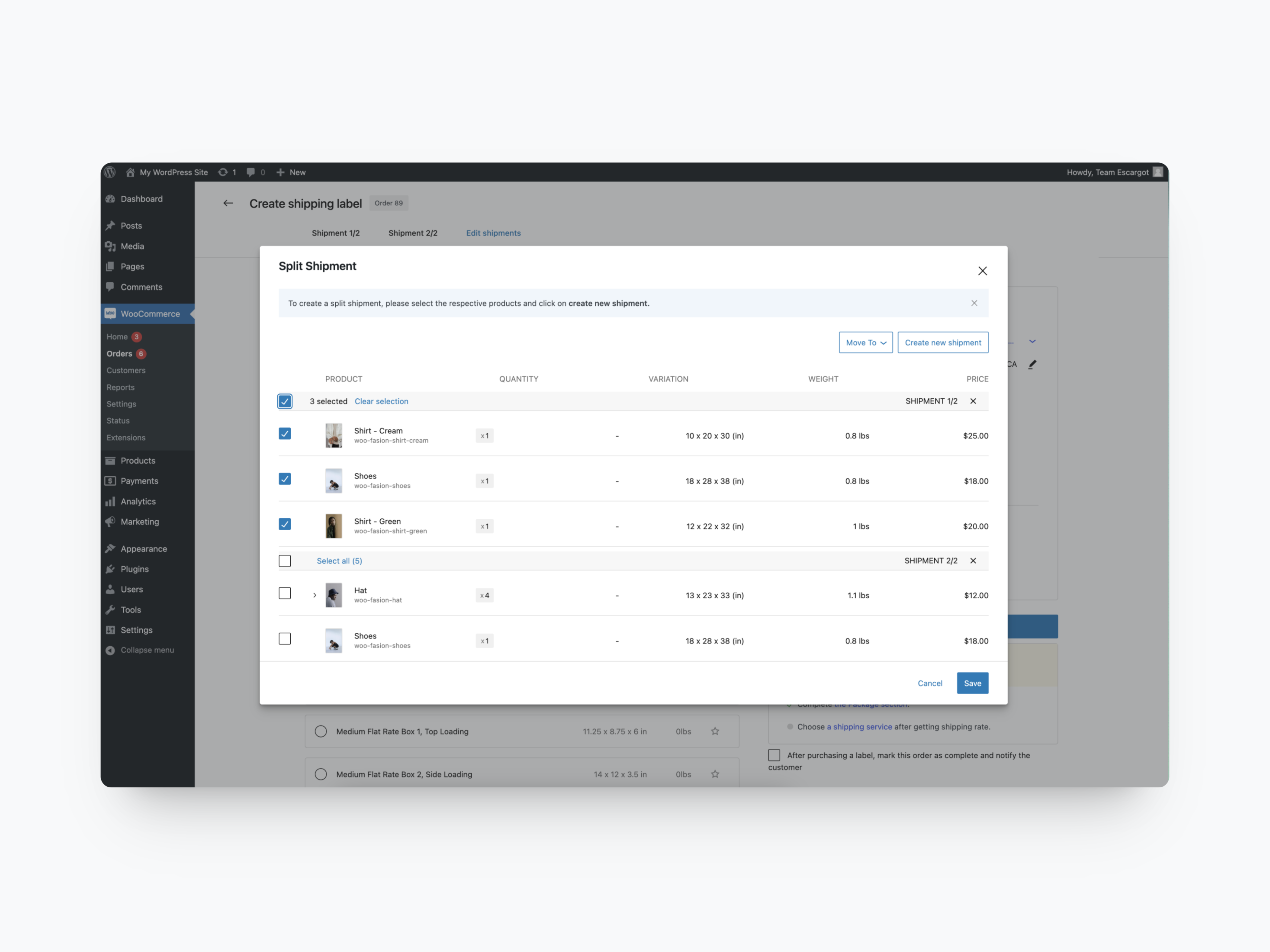 WooCommerce Shipping split shipment screen.