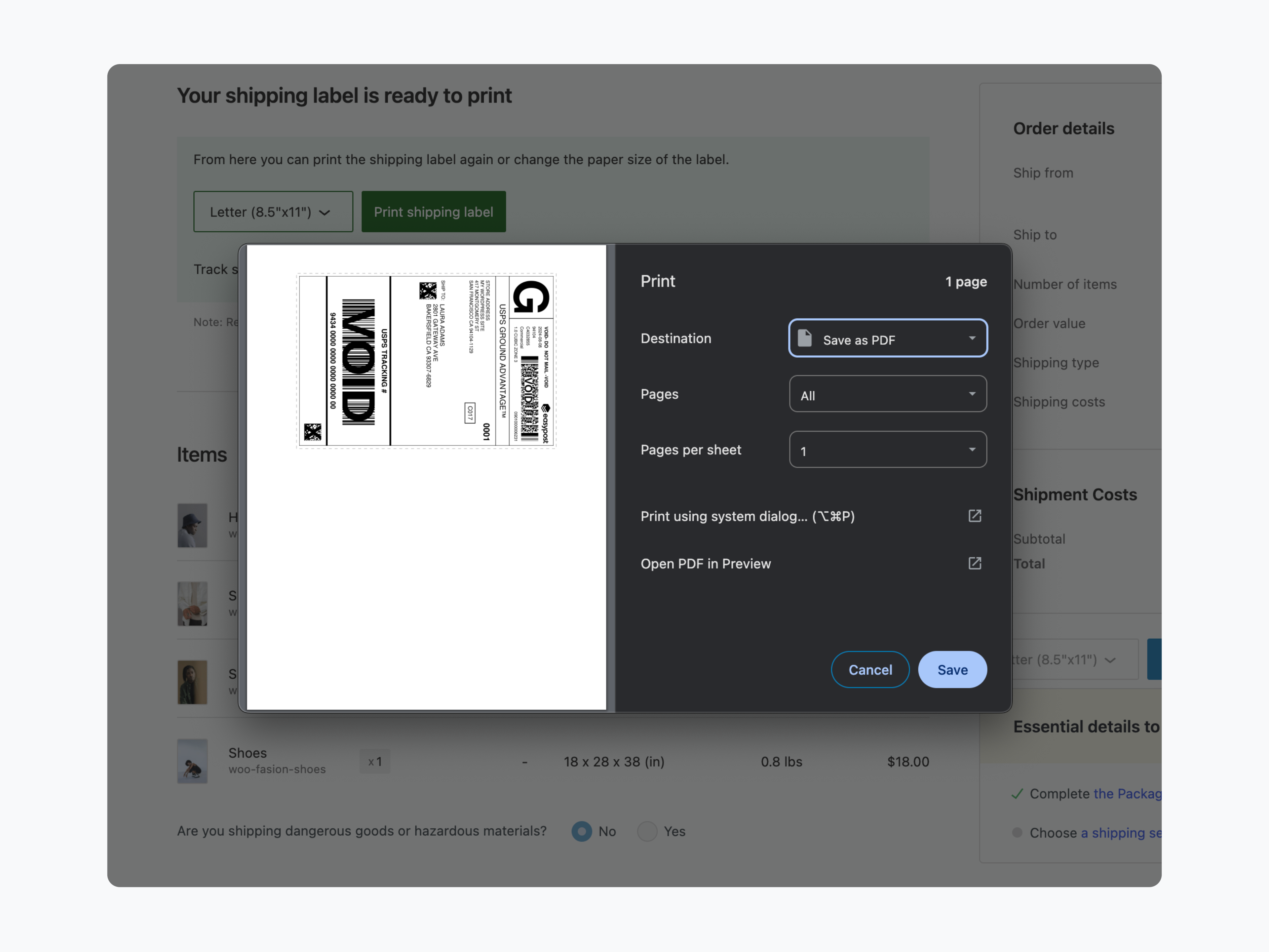 WooCommerce Shipping print label screen.