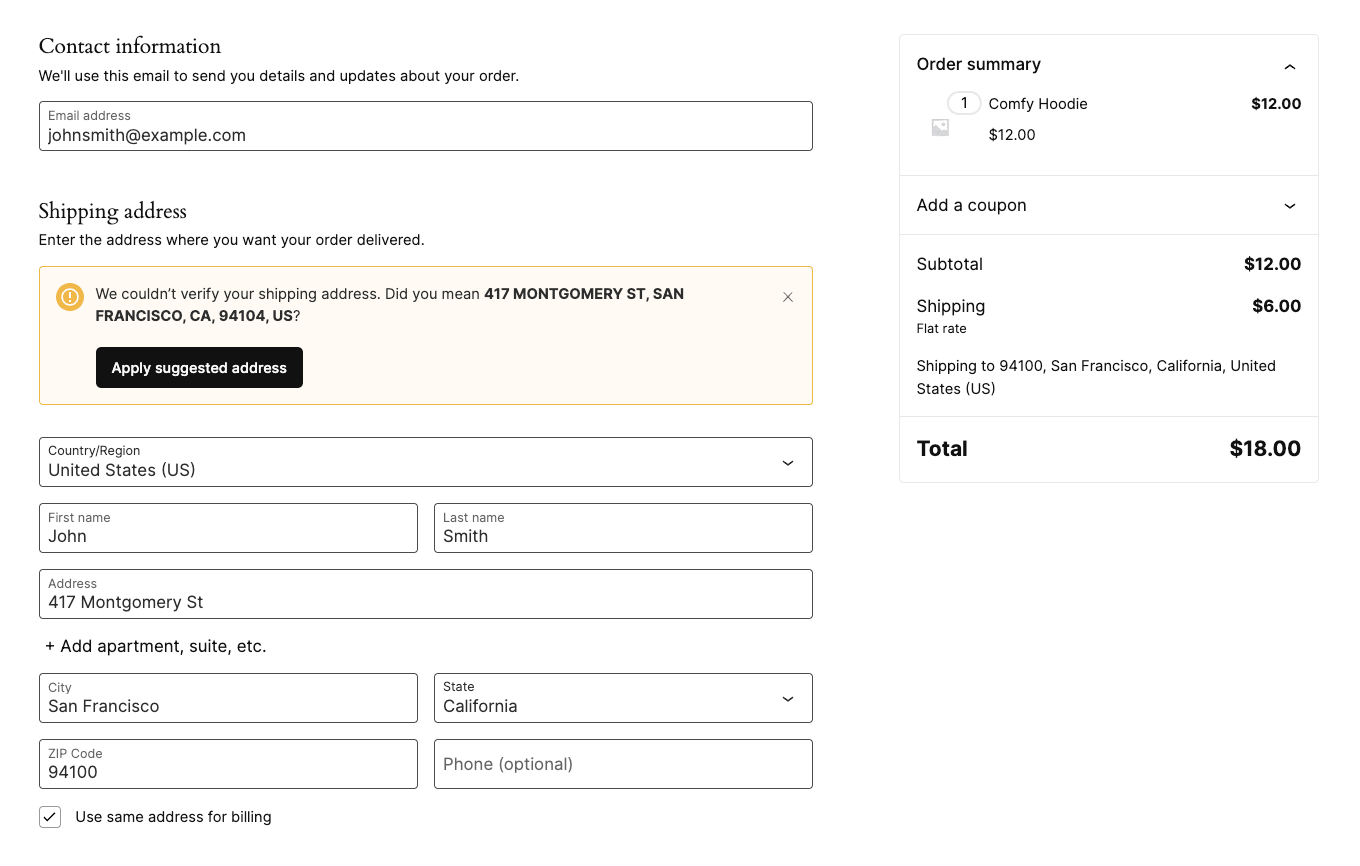 WooCommerce Shipping address validation at checkout suggestion.