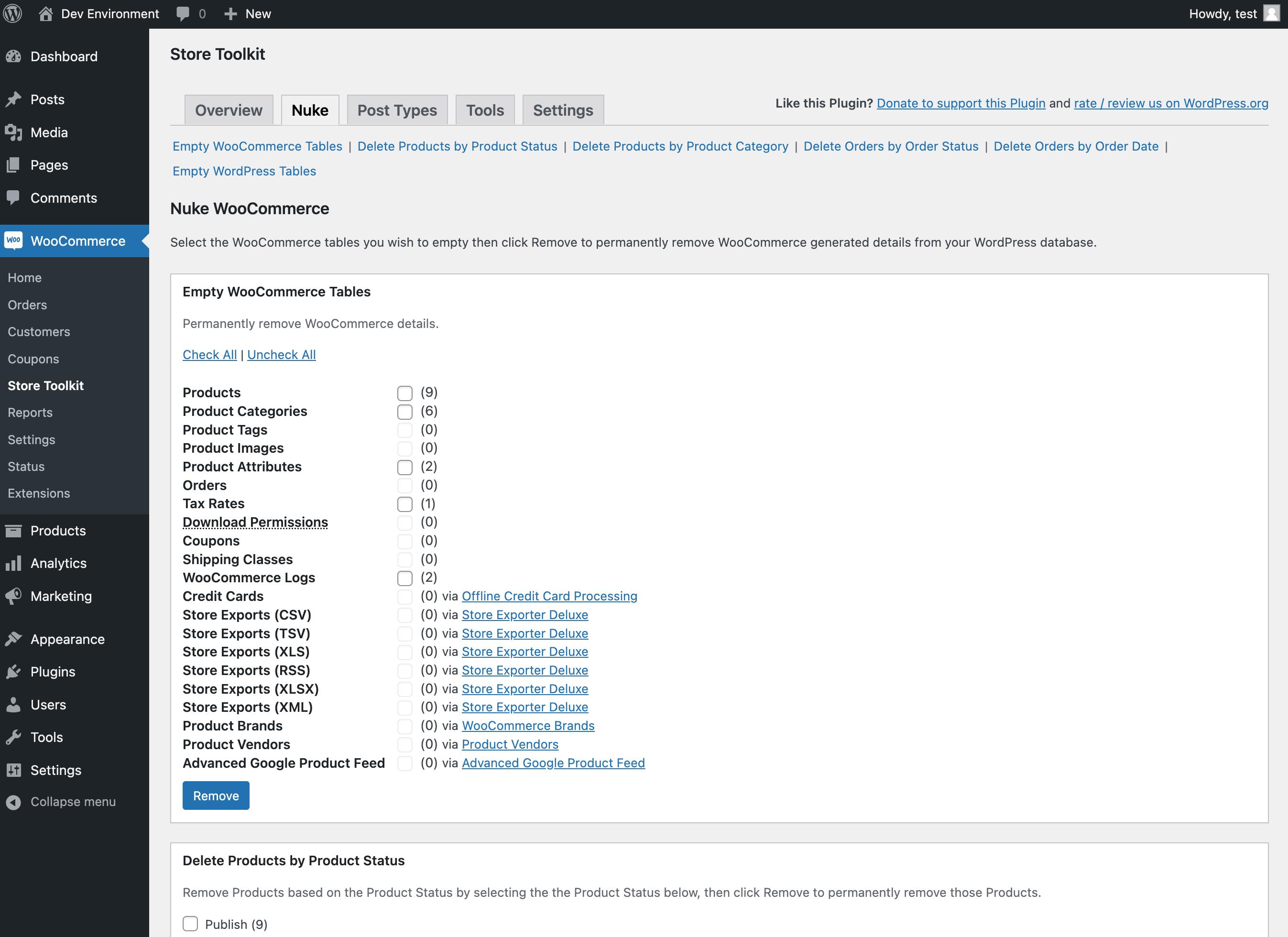 The Nuke WooCommerce screen with 'nuke' options.