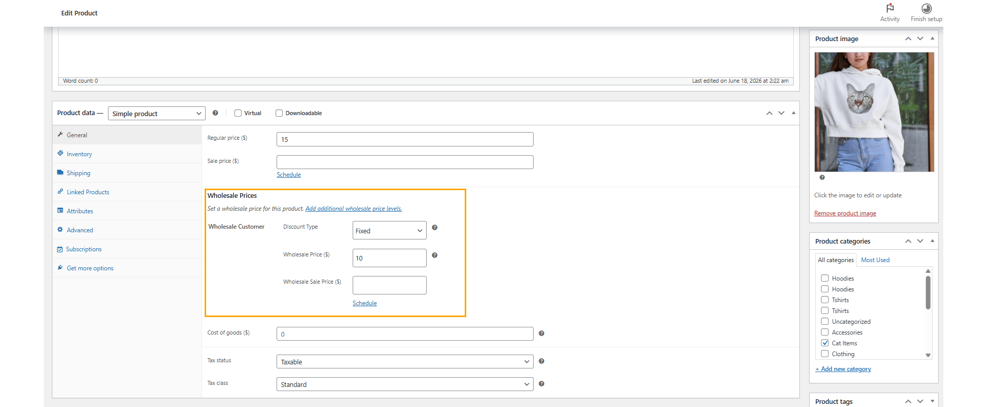 Set a Wholesale Price on a Product — Add wholesale pricing directly in the product's General tab: discount type, wholesale price, and an optional wholesale sale price you can schedule.